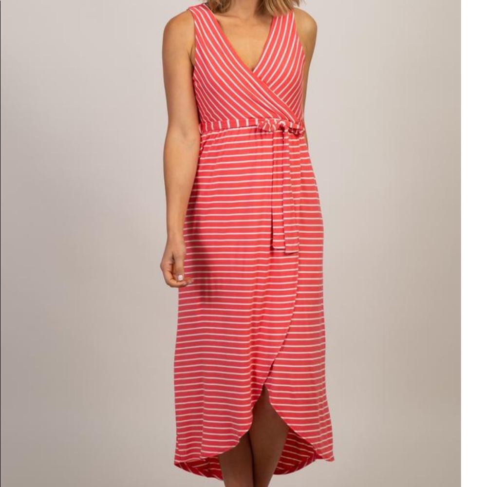 Coral Striped Hi-Low Maternity Wrap Dress